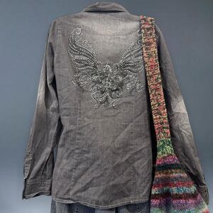 cyber y2k mcbling embellished grunge rhinestone angel wings button up shirt M